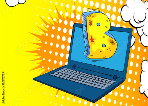 Cartoon Laptop, comic book Notebook with Letter B. Retro vector comics pop art design.