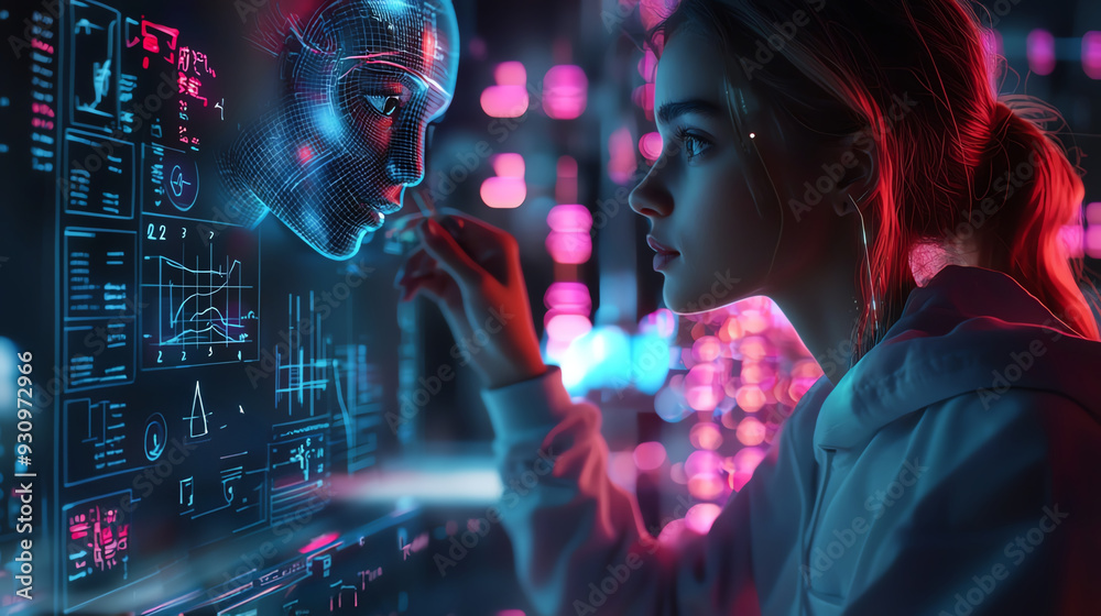 Naklejka premium An AI tutor assisting a student with math problems, with equations and graphs dynamically appearing in the virtual space.