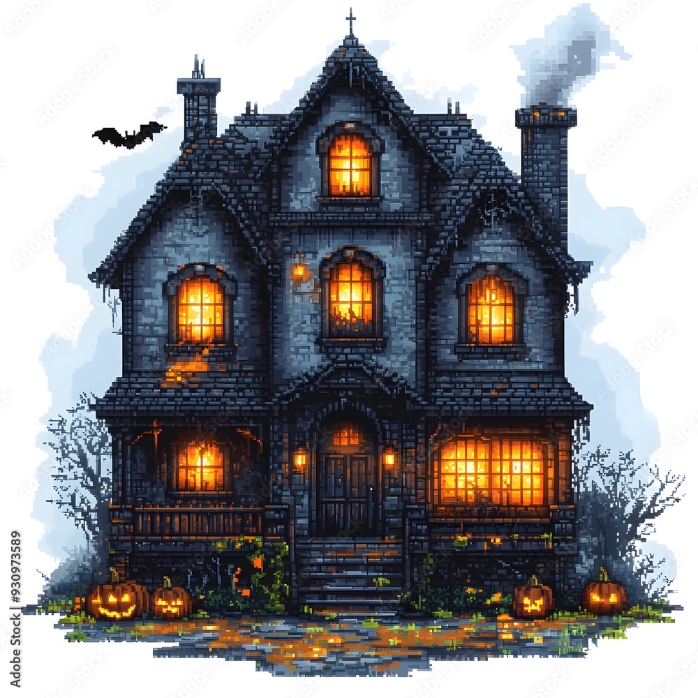Haunted Victorian Mansion with Flickering Lights on a Spooky Autumn Night Haunted Victorian Mansion with Flickering Lights on a Spooky Autumn Night