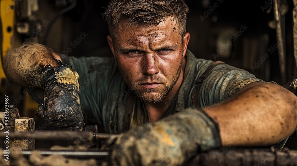 Fototapeta premium A mechanic focused on repairing a combine harvester, with grease-stained hands and a determined expression