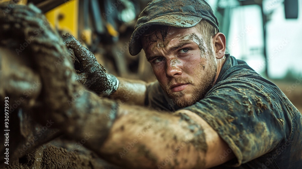 Obraz premium A mechanic focused on repairing a combine harvester, with grease-stained hands and a determined expression