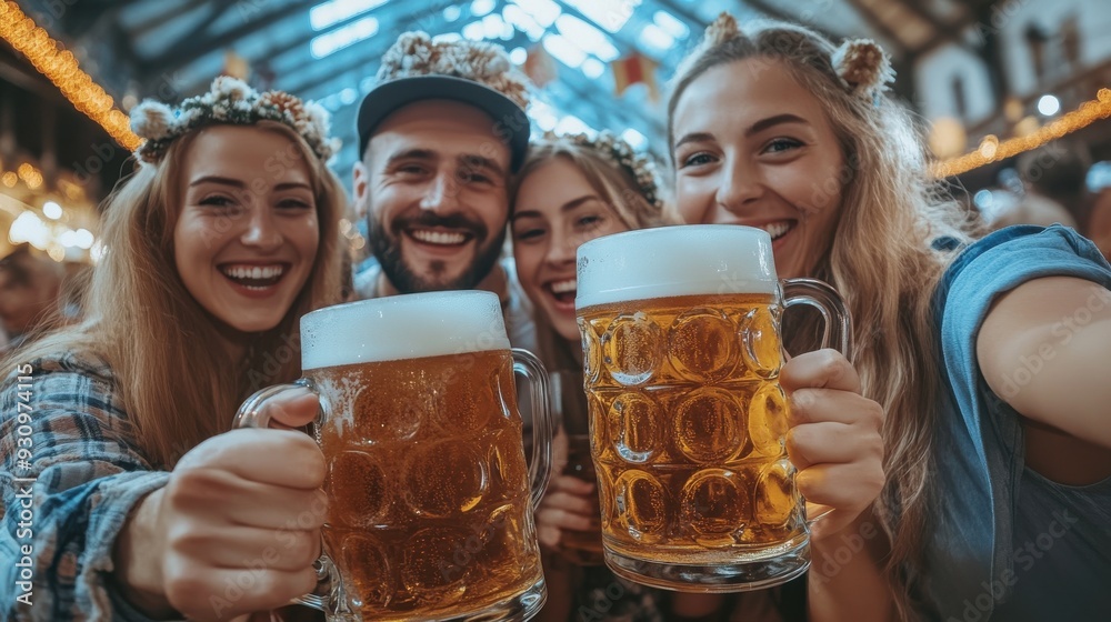 A joyful group of friends taking a selfie with large beer mugs at Oktoberfest, surrounded by the lively atmosphere of a beer tent, complete with festive decorations and cheerful faces