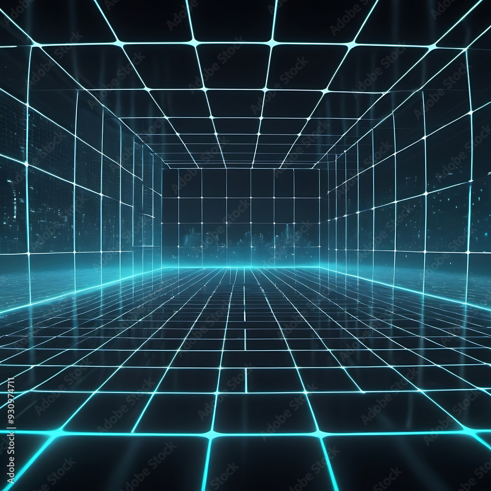 Obraz premium 3D Virtual Reality Environment Immersive VR Landscape with Glowing Grid Surfaces and Floating Data Visualizations