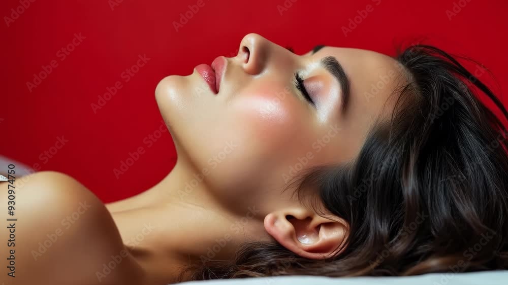Woman with closed eyes rests on white surface against vibrant red backdrop. Dramatic lighting accentuates facial contours and long dark hair. Evokes tranquility and elegance. Woman with closed eyes rests on white surface against vibrant red backdrop. Dramatic lighting accentuates facial contours and long dark hair. Evokes tranquility and elegance.
