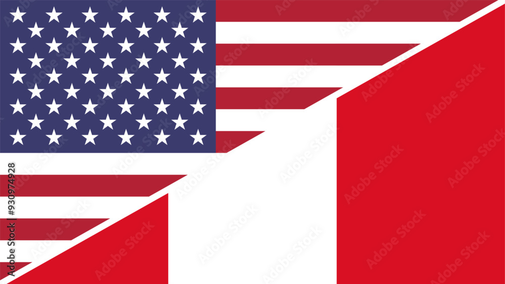 Fototapeta premium Peru and United States flags combined in a split design vector, symbolizing international relations, global unity, and cultural exchange
