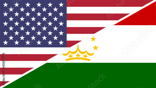 Tajikistan and United States flags combined in a split design vector, symbolizing international relations, global unity, and cultural exchange