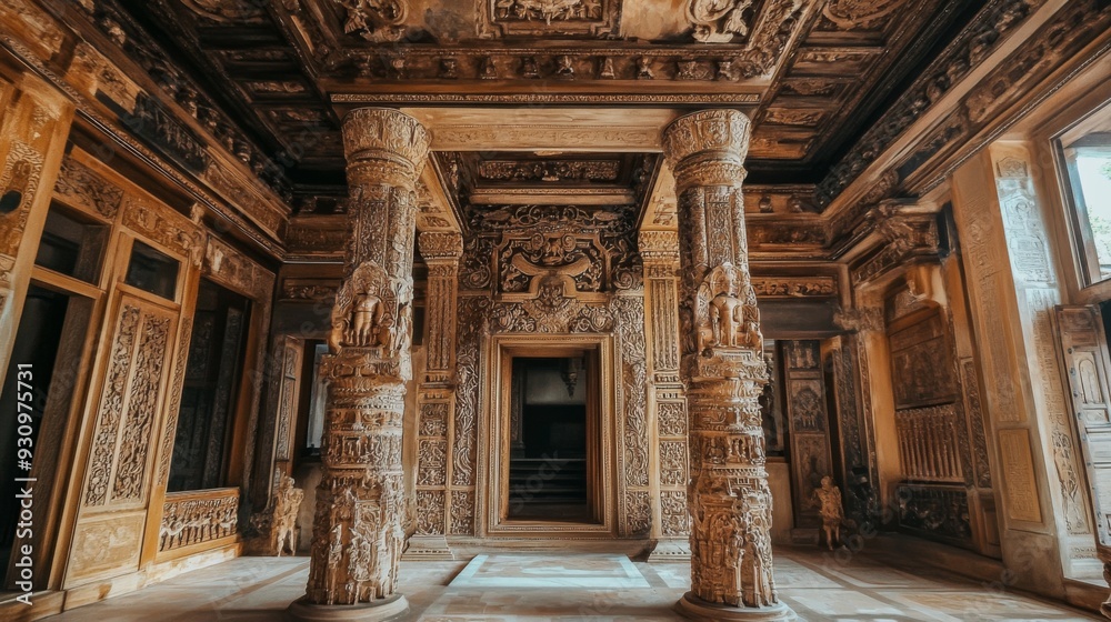 Obraz premium Intricate wooden carvings adorn the pillars and ceiling of a grand hall, creating a sense of history and artistry.