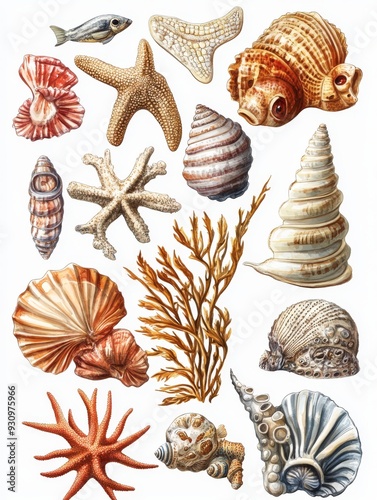 Watercolor Illustration of Various Seashells, Starfish, and Seaweed