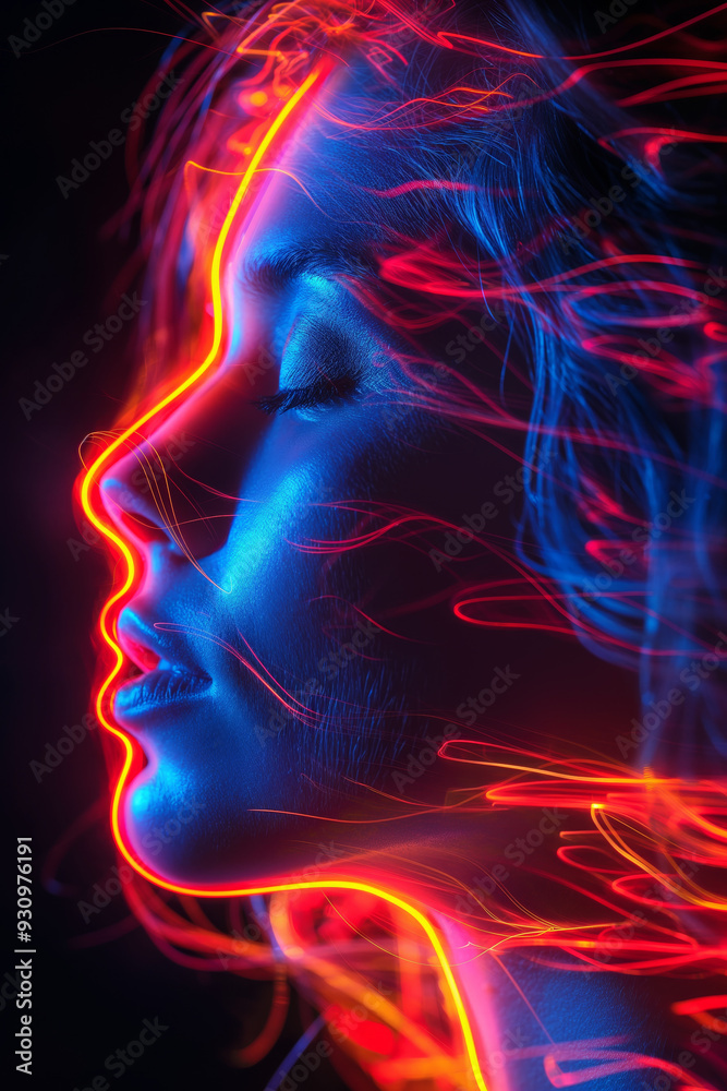 Profile of Woman with Neon Lights Vibrant Red and Blue Long Exposure Light Painting Profile of Woman with Neon Lights Vibrant Red and Blue Long Exposure Light Painting