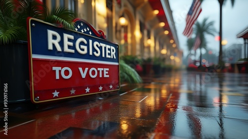 A sign that reads “REGISTER TO VOTE”. In neon - election - politics - voting - campaign 