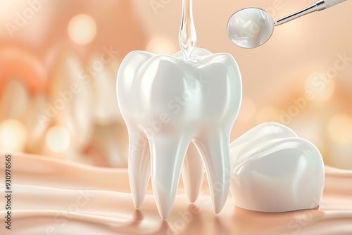 Realistic painting of a tooth being sealed to prevent cavities, tooth pain, imitative presentation of dental sealant application