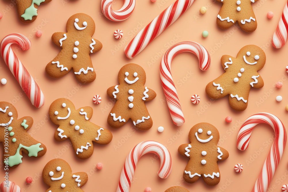 a gingerbread man is standing in front of a candy cane a gingerbread man is standing in front of a candy cane
