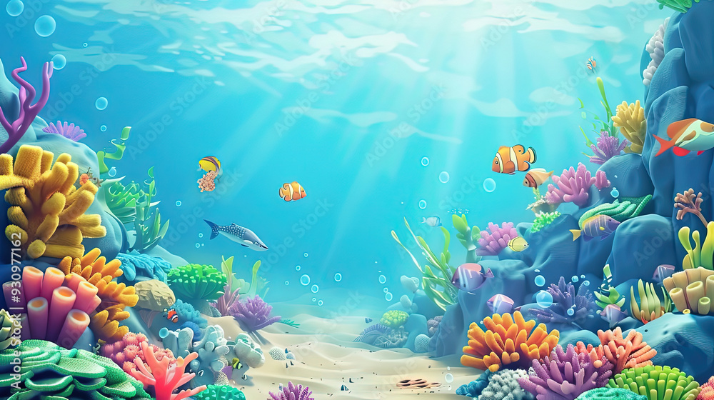 Fototapeta premium Illustration of fish in the blue sea. Fish and ocean themed book cover for children.