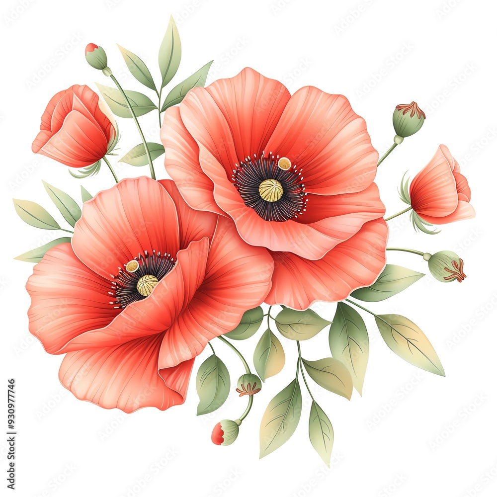 Watercolor poppy clipart with vibrant red petals and black centers.
