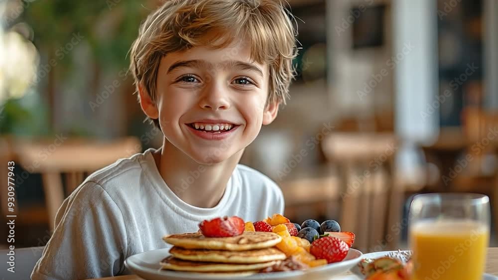 images showing a cheerful young boy enjoying a breakfast of pancakes topped with fruit. images showing a cheerful young boy enjoying a breakfast of pancakes topped with fruit.