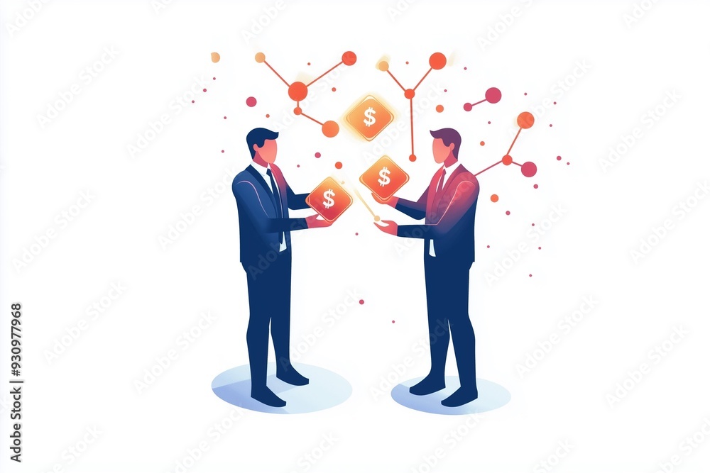 Stylized Human Figures Exchanging Money Through Digital Wallets Linked by Secure Encryption Chains Stylized Human Figures Exchanging Money Through Digital Wallets Linked by Secure Encryption Chains