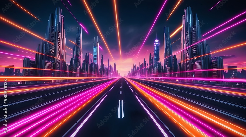 Design a sci-fi city skyline with towering, sleek buildings on either side of a wide road Design a sci-fi city skyline with towering, sleek buildings on either side of a wide road