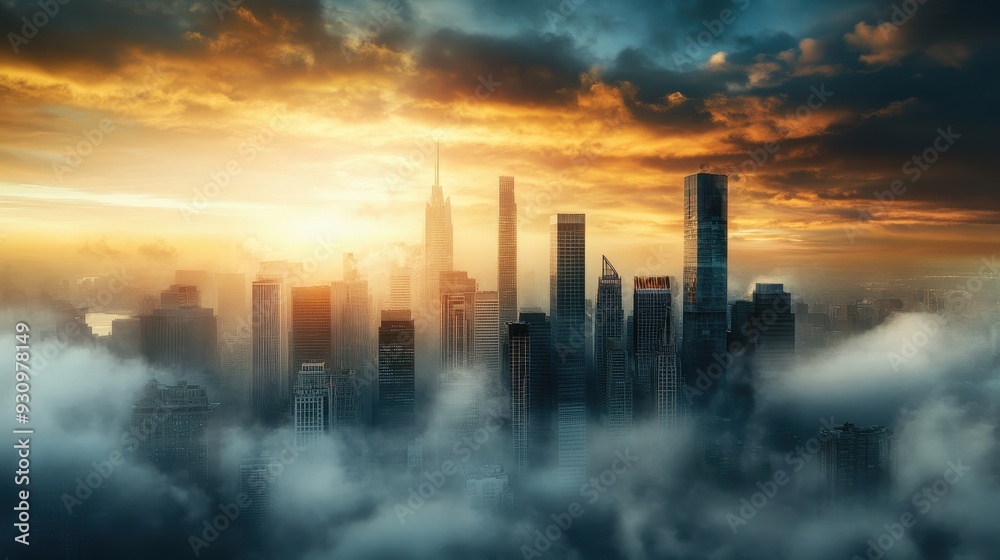 Dramatic Sunrise Over Modern City Skyline with Skyscrapers Emerging Through Morning Fog Dramatic Sunrise Over Modern City Skyline with Skyscrapers Emerging Through Morning Fog