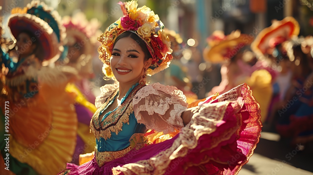A young woman in a colorful traditional dress smiles brightly as she dances in a street parade. A young woman in a colorful traditional dress smiles brightly as she dances in a street parade.