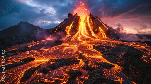 Volcanic eruptions create igneous rock from molten lava