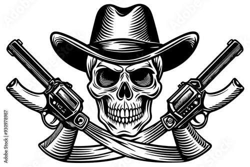 Cowboy bandit skull with crossed revolver vintage style illustration