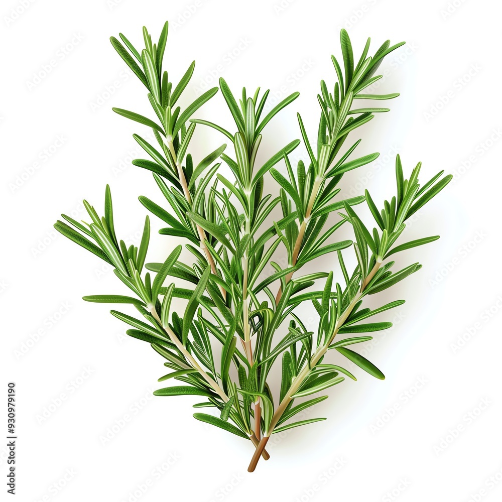 Fototapeta premium A sprig of rosemary, herb element, photorealistic, dark green, isolated on white background