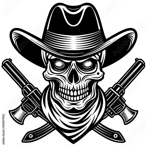 Cowboy Skull Head with Double Gun and Hat Black and White Vector Illustration