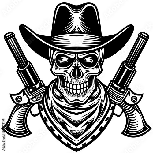 Cowboy Skull Head with Double Gun and Hat Black and White Vector Illustration