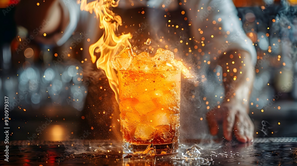 14. Bartender lighting a cocktail on fire, creating a dramatic flaming drink presentation 14. Bartender lighting a cocktail on fire, creating a dramatic flaming drink presentation