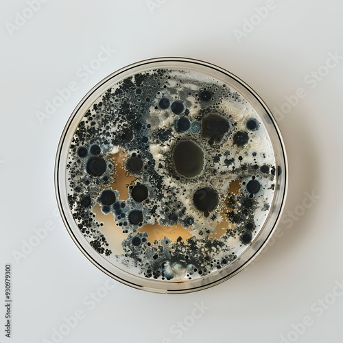 A petri dish with black mold growing on a clear agar gel, shot from above on a white background.