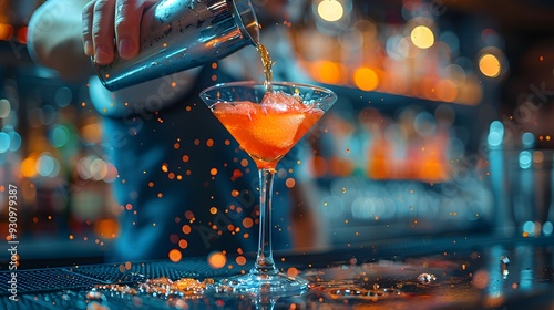 22. Hands of a bartender pouring a shot into a cocktail shaker, with a lively bar environment