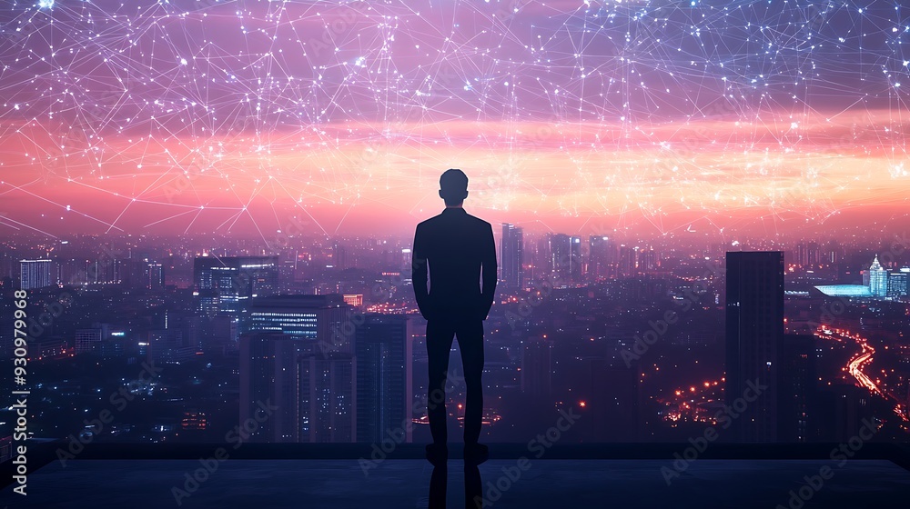 Silhouette of a Man Gazing at a Connected Cityscape Silhouette of a Man Gazing at a Connected Cityscape