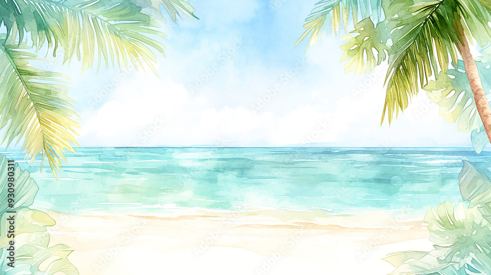 Obraz premium ヤシの木のある美しい砂浜と海の水彩イラスト背景
