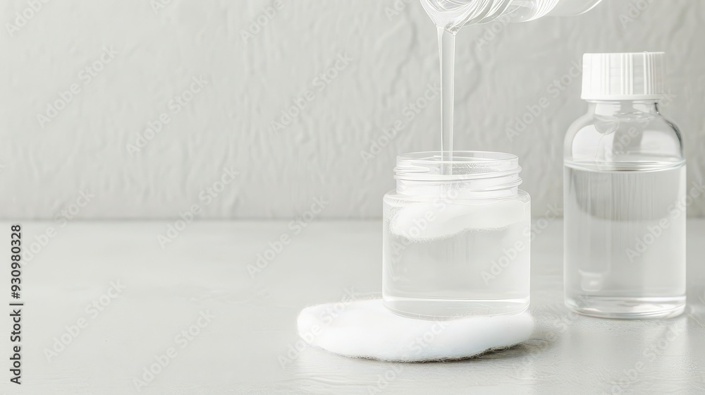 Antiseptic solution being poured onto a cotton pad, ready to fight bacteria on skin, anti-bacteria, skincare, antiseptic application Antiseptic solution being poured onto a cotton pad, ready to fight bacteria on skin, anti-bacteria, skincare, antiseptic application