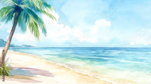 ヤシの木のある美しい砂浜と海の水彩イラスト背景