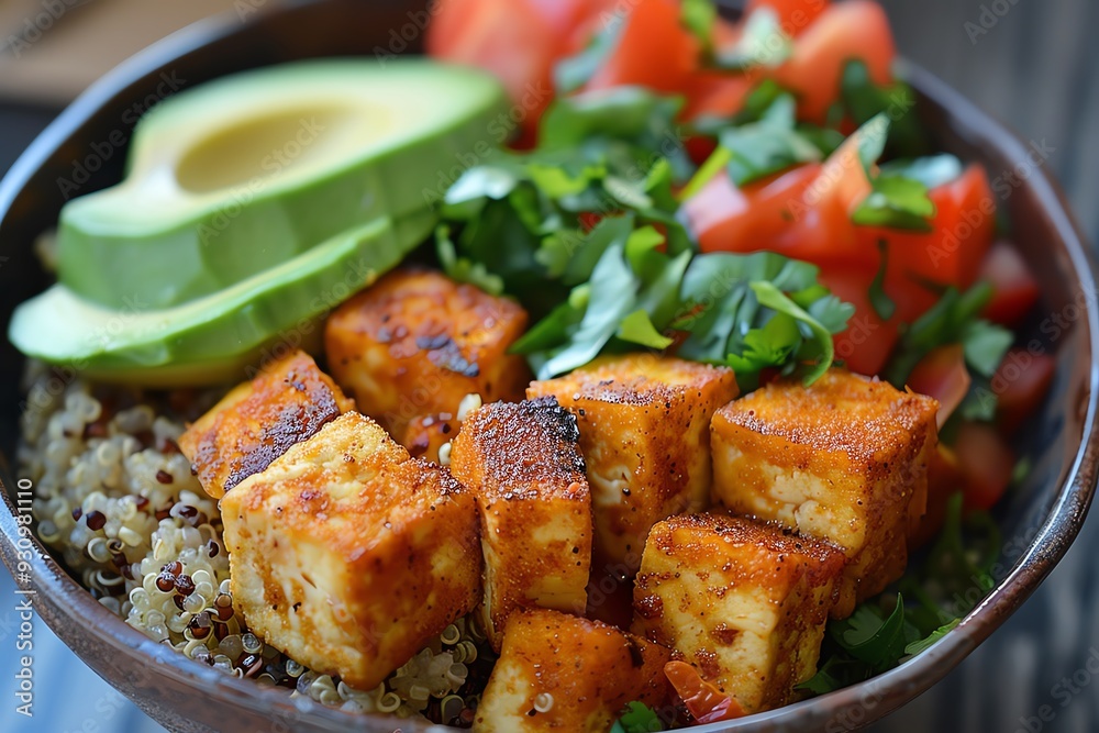 Tofu and quinoa bowl with avocado, emphasizing vegan protein and health benefits Tofu and quinoa bowl with avocado, emphasizing vegan protein and health benefits
