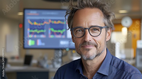 Confident professional man with glasses smiling in modern office environment, showcasing technology and productivity. data analyst, focus, financial charts, computer screens.