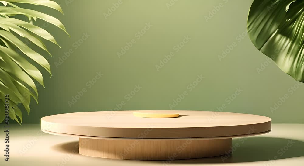 a flat wooden display podium is softly lit by sunlight, while tropical leaves and a light green wall create a perfect backdrop for products a flat wooden display podium is softly lit by sunlight, while tropical leaves and a light green wall create a perfect backdrop for products