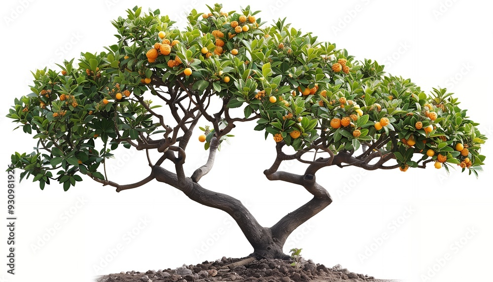 A small, bonsai tree with thick, twisted branches and a dense canopy of green leaves. It is laden with small, bright orange fruits. The tree is isolated on a white background. A small, bonsai tree with thick, twisted branches and a dense canopy of green leaves. It is laden with small, bright orange fruits. The tree is isolated on a white background.