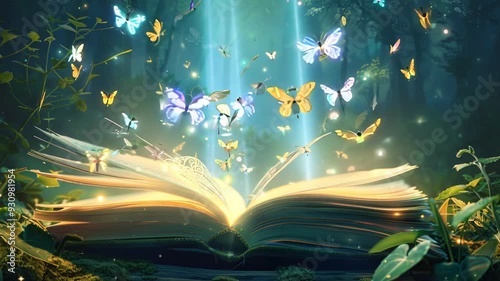 magic book with magic light and butterfly flying out of book page photo