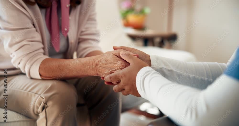 Nurse, senior woman and holding hands with empathy, support and healthcare for retirement. Patient, caregiver and pensioner in nursing home, rehabilitation or elderly care for medical consultation Nurse, senior woman and holding hands with empathy, support and healthcare for retirement. Patient, caregiver and pensioner in nursing home, rehabilitation or elderly care for medical consultation