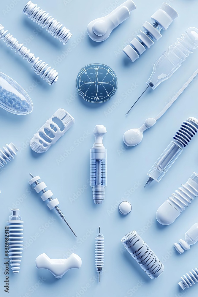 A minimalist abstract design featuring 3D Xray images of various medical implants, set against a sleek background to highlight innovation A minimalist abstract design featuring 3D Xray images of various medical implants, set against a sleek background to highlight innovation