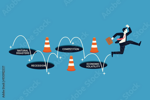 Businessman jump pass many pitfalls metaphor threats and challenges in business. Business and finance concept vector illustration