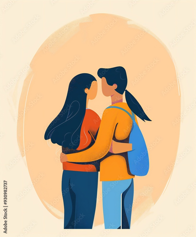 sisters hugging with a bag on shoulder. simple illustration sisters hugging with a bag on shoulder. simple illustration