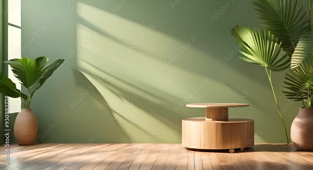 a flat wooden display podium is bathed in soft sunlight, while tropical leaves and a light green wall create an ideal background for products