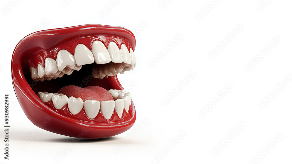 Open mouth with funny denture, white teeth and red tongue, isolated on white background, copy space for your text, aspect ratio 16:9