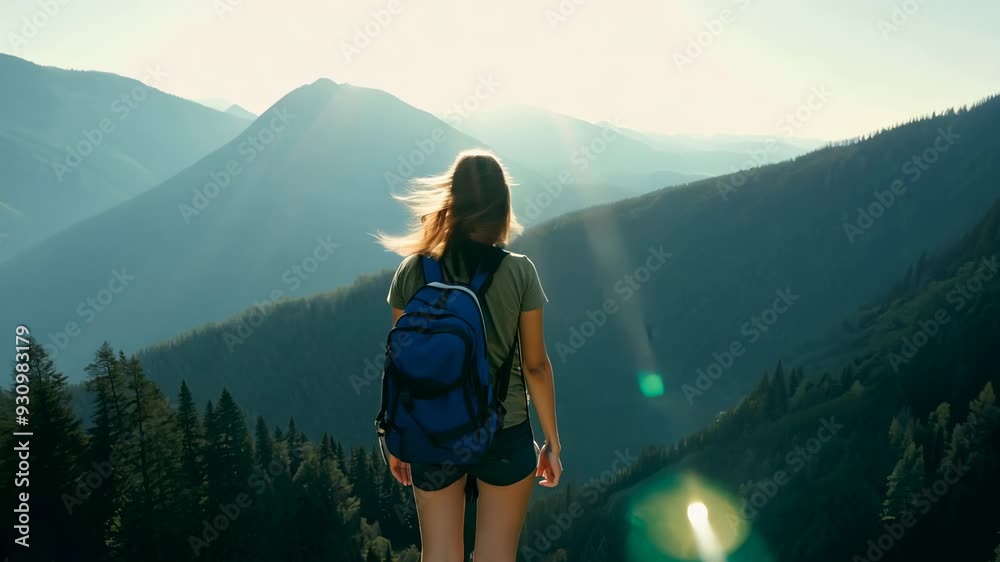 A young woman enjoys the view of the summer mountains while on a mountain peak. Slow life and hiking concept. Offline and digital detox. Contemplation of nature alone with your thoughts. Back view.