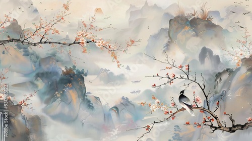  birds on a branch with mountains panorama as background. painting in chinoiseries style.