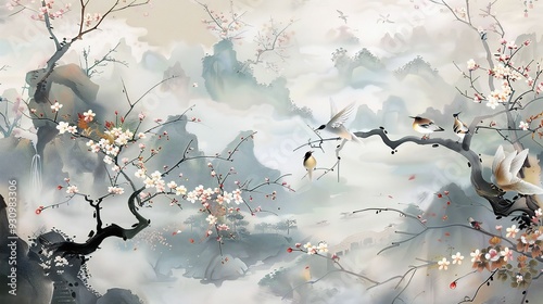  birds on a branch with mountains panorama as background. painting in chinoiseries style.
