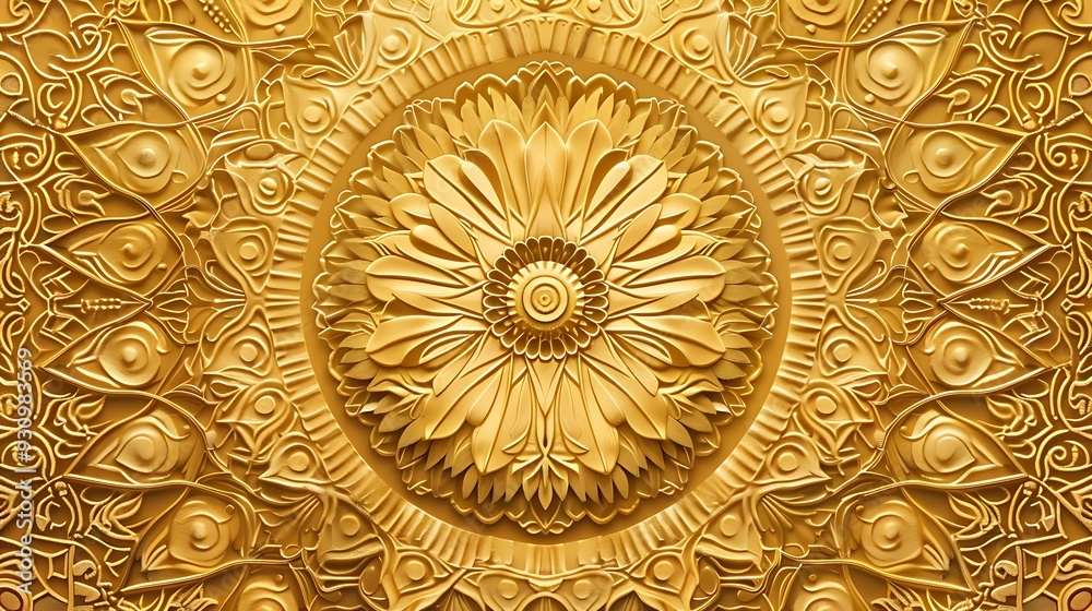 Obraz premium Golden mandala with intricate floral details. The design is symmetrical and geometric, creating a sense of harmony and balance.